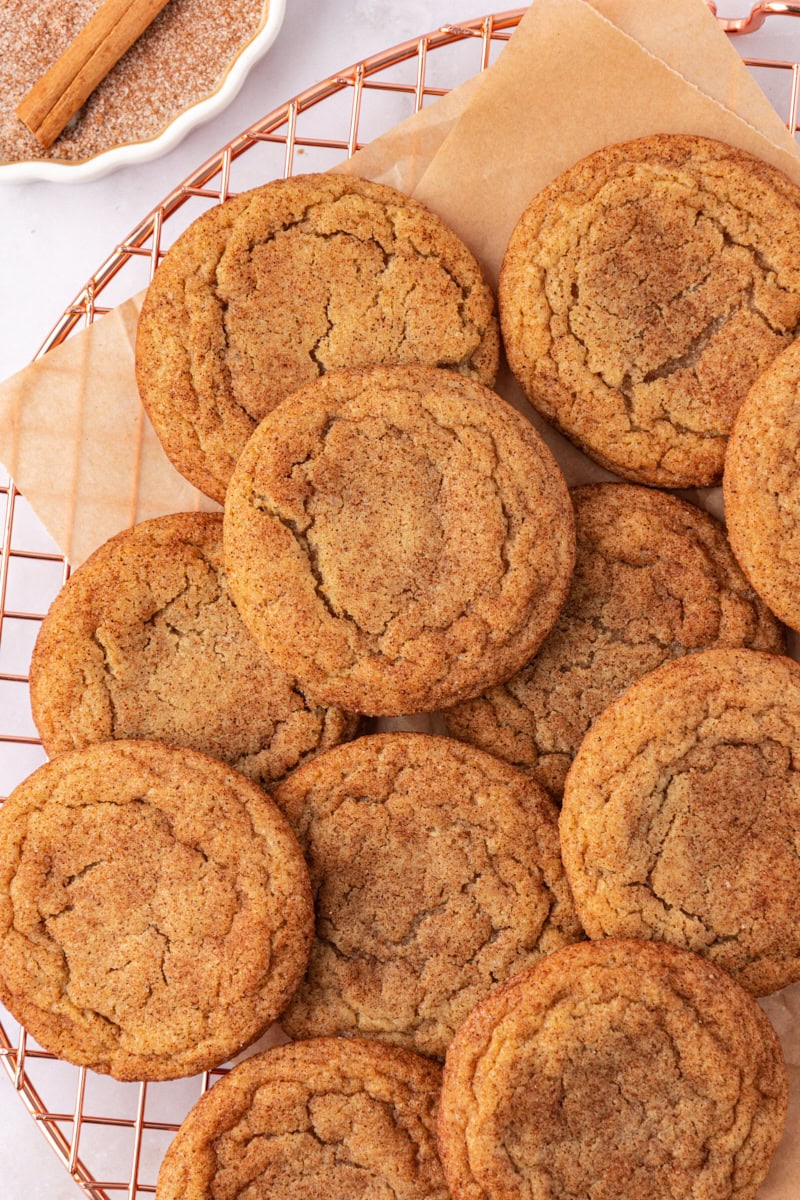 overhead view of brown butter snickerdoodles on a wire rack