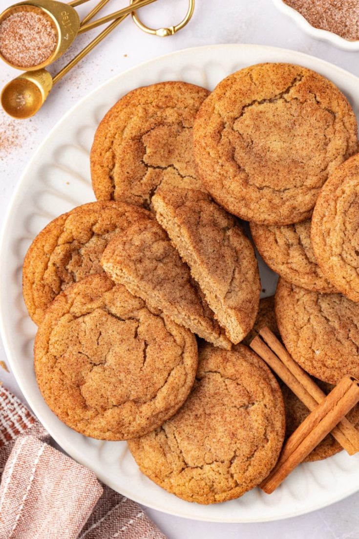 overhead view of brown butter snickerdoodles on a white plate