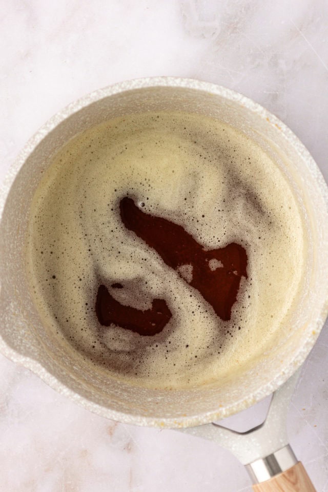 overhead view of browned butter in a saucepan