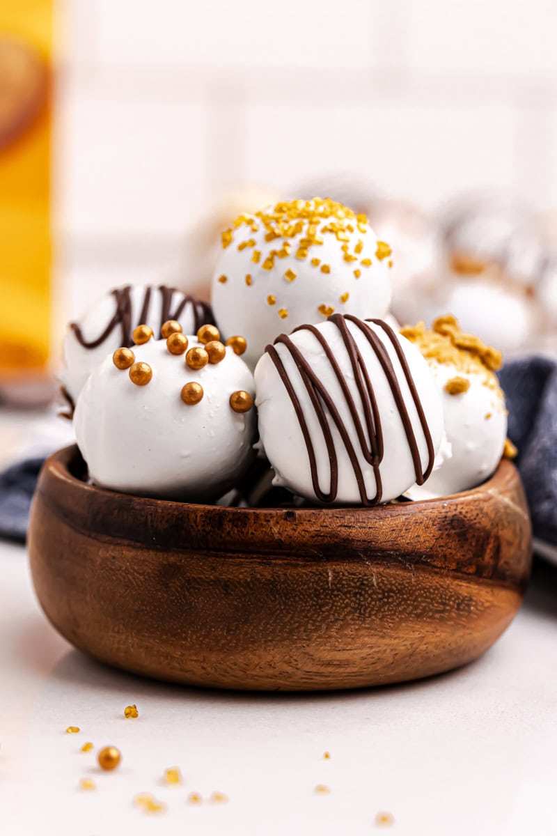 gingerbread truffles in a small wooden bowl