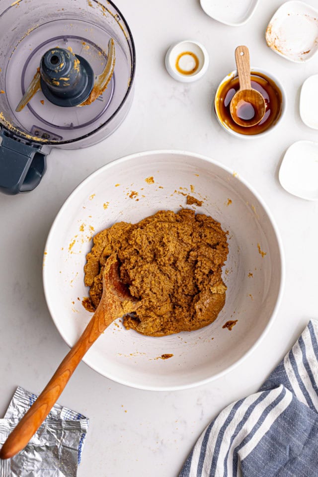 overhead view of gingerbread truffles mixture in a mixing bowl