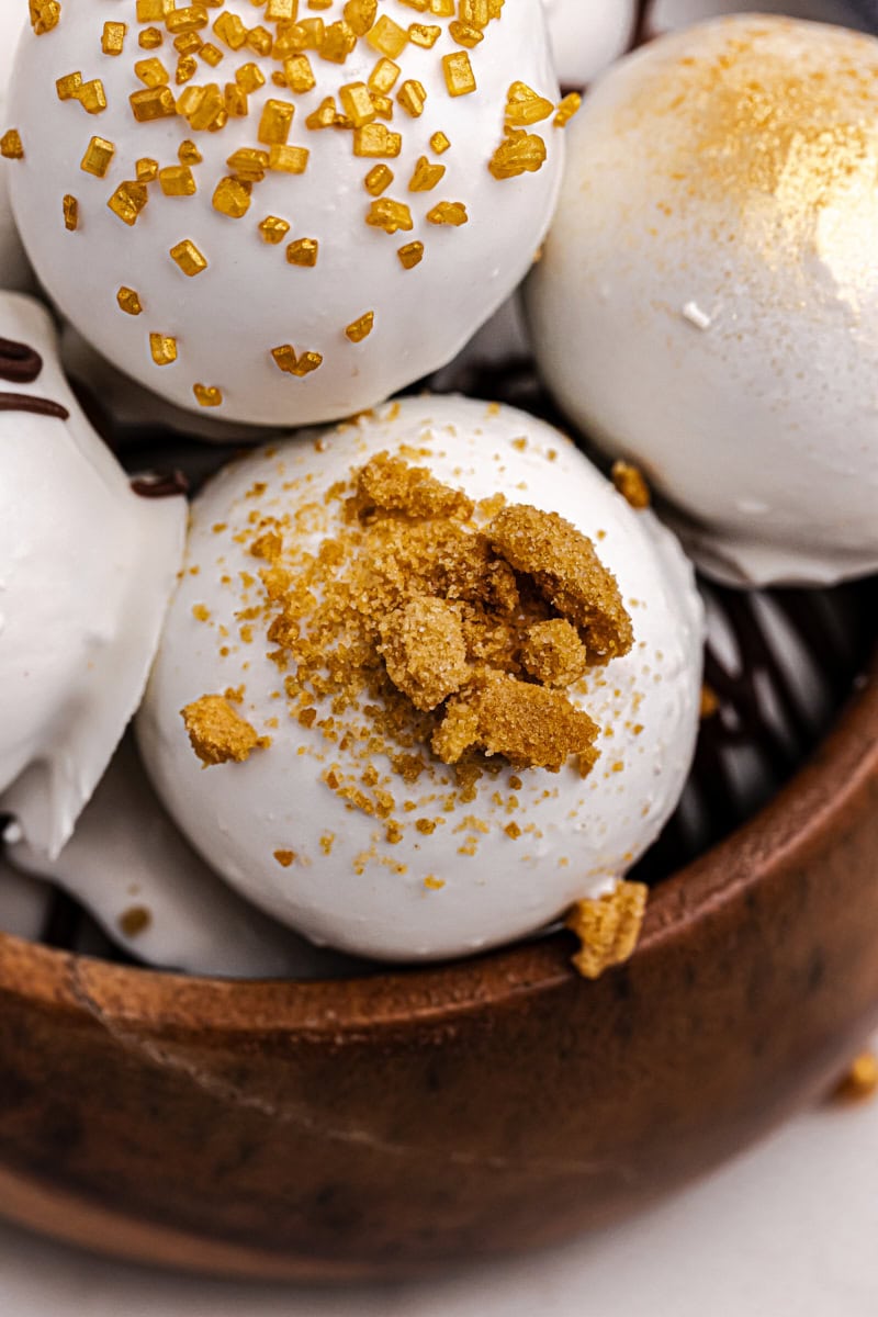 close-up of gingerbread truffles in a wooden bowl