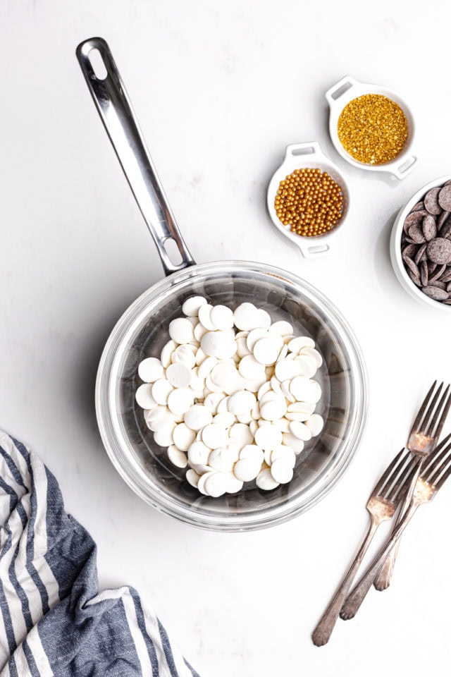 overhead view of white chocolate in a double boiler