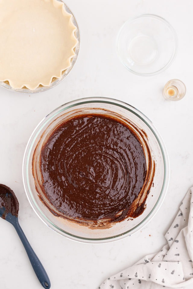 overhead view of hot fudge pie filling in a mixing bowl