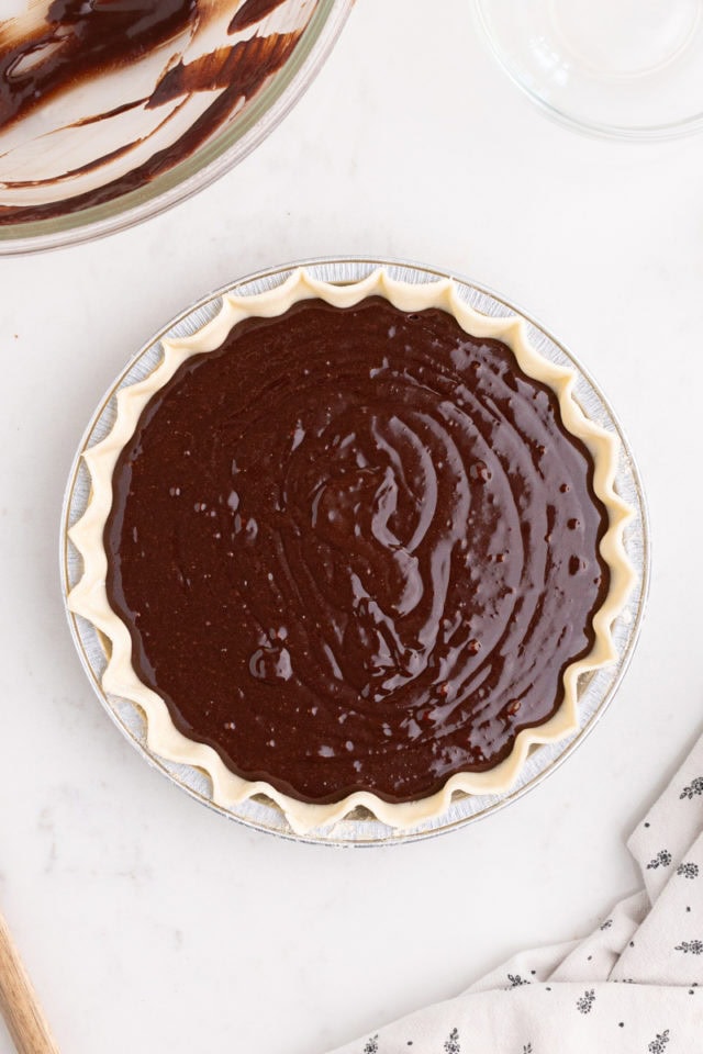 overhead view of hot fudge pie ready to go into the oven