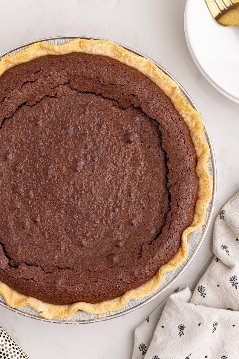 overhead view of freshly baked hot fudge pie