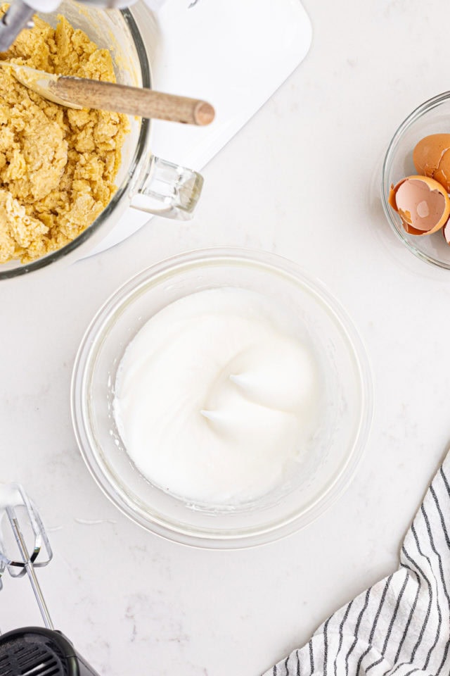 overhead view of egg whites whipped to stiff peaks