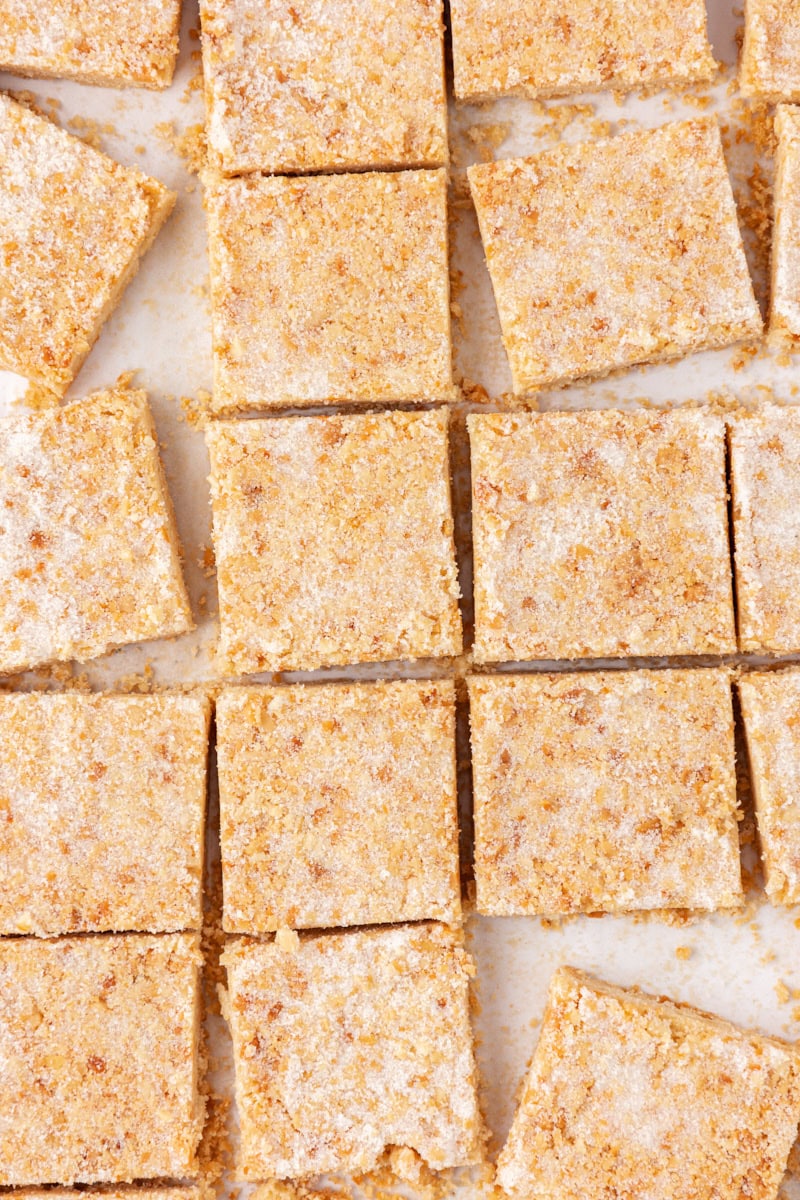 overhead view of macadamia shortbread cut into bars