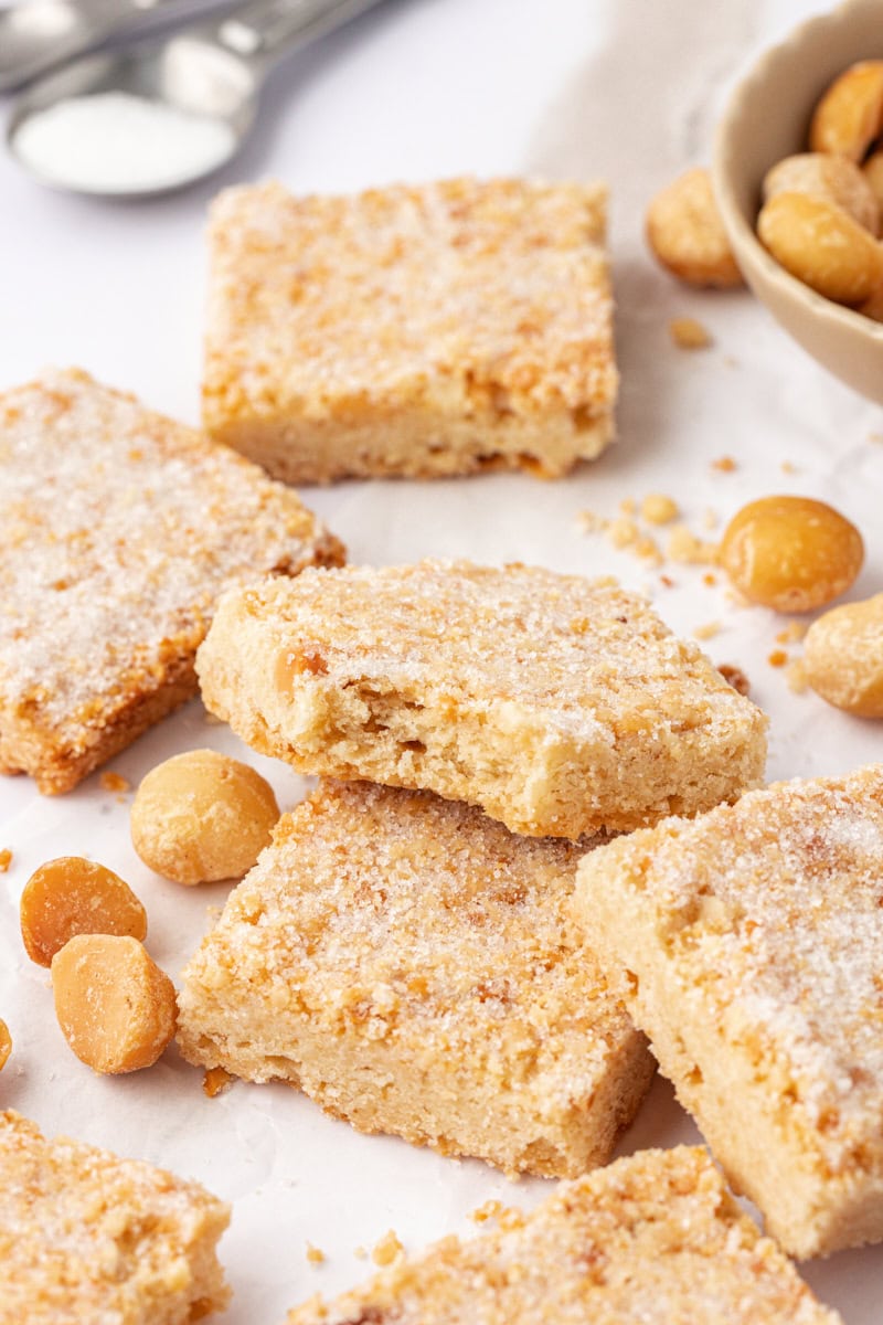 macadamia shortbread scattered on a marble countertop