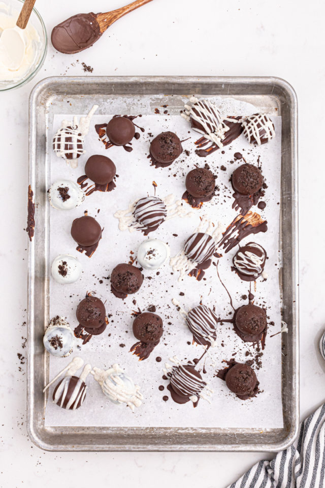 overhead view of Oreo truffles on a baking sheet to set