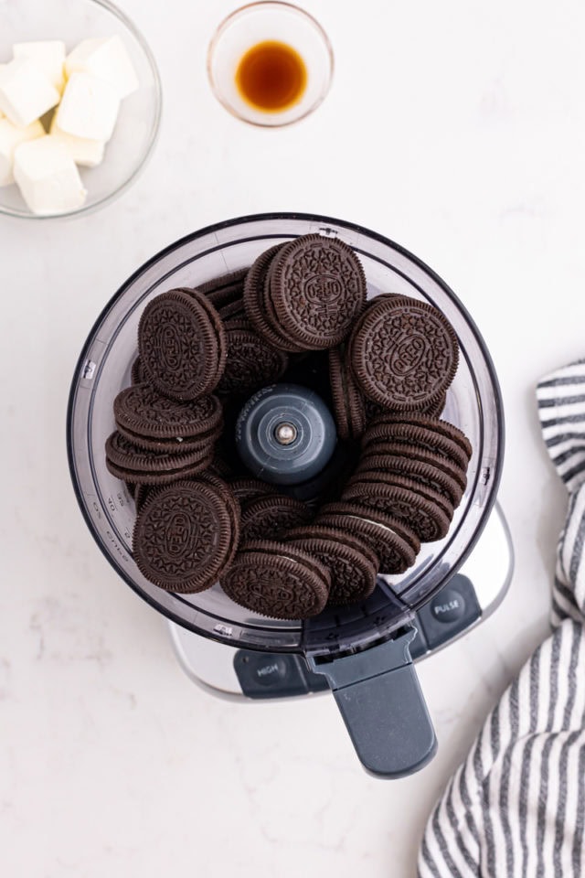 overhead view of Oreos in the bowl of a food processor