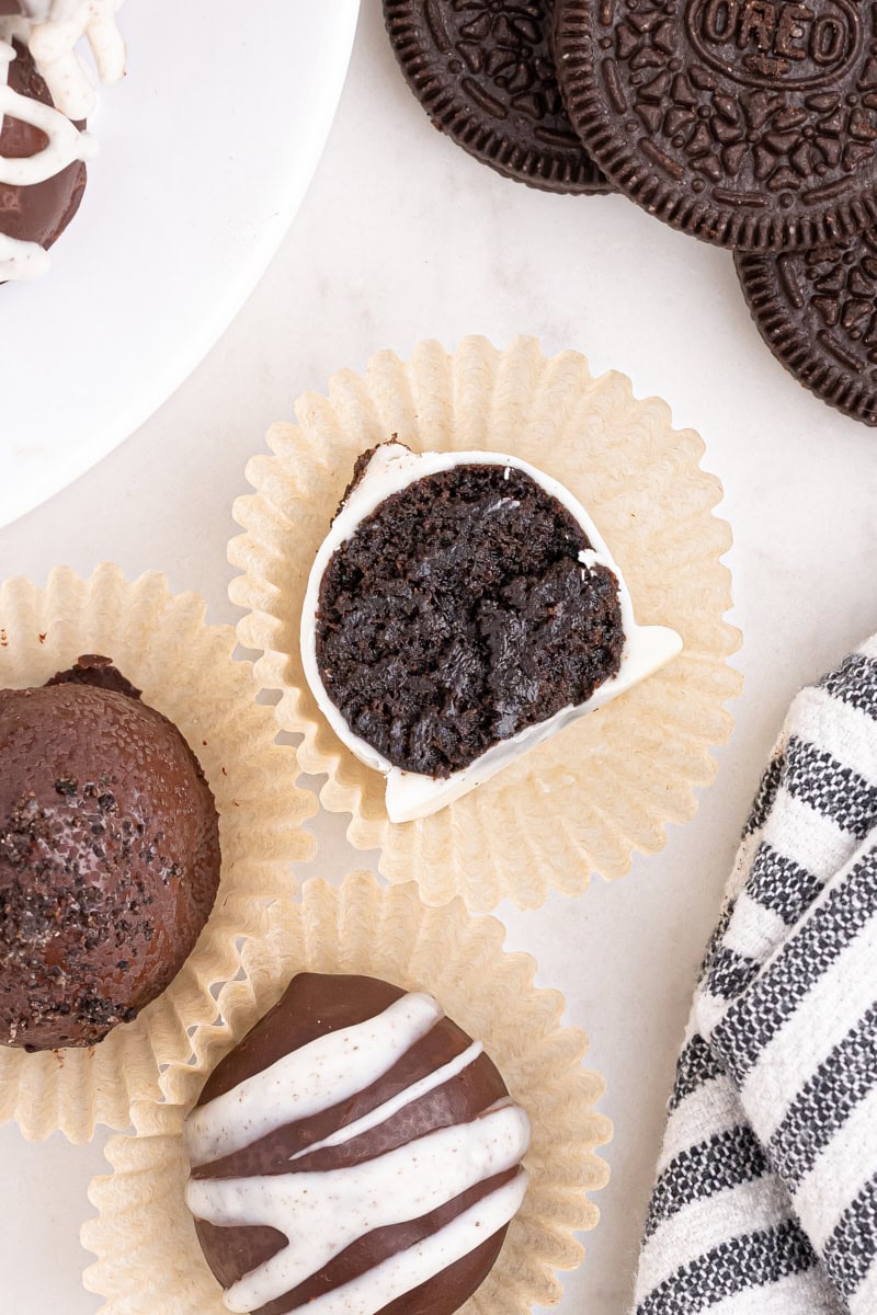 overhead view of an Oreo truffle cut in half to show the inside texture