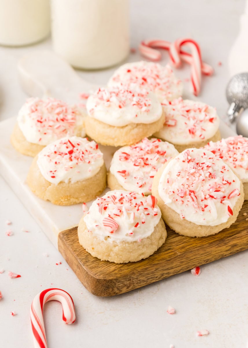 peppermint meltaways on a wood and marble board