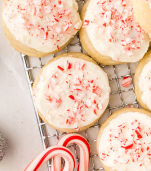 overhead view of peppermint meltaways on a wire rack