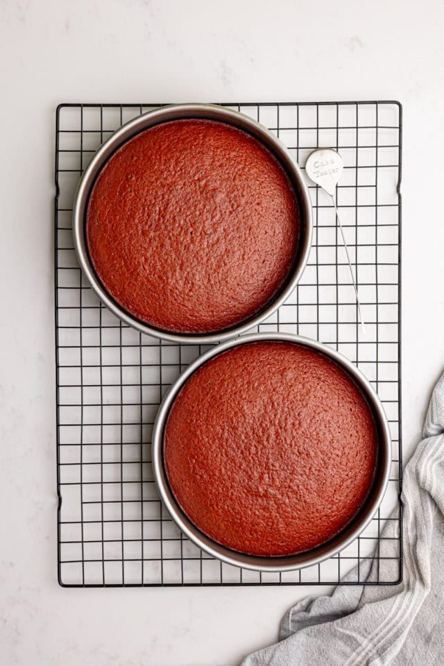 overhead view of freshly baked red velvet cake layers in cake pans on a wire rack