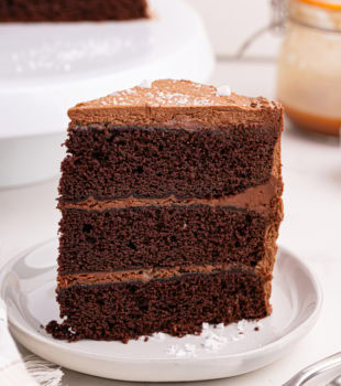 a slice of sweet and salty cake on a white plate