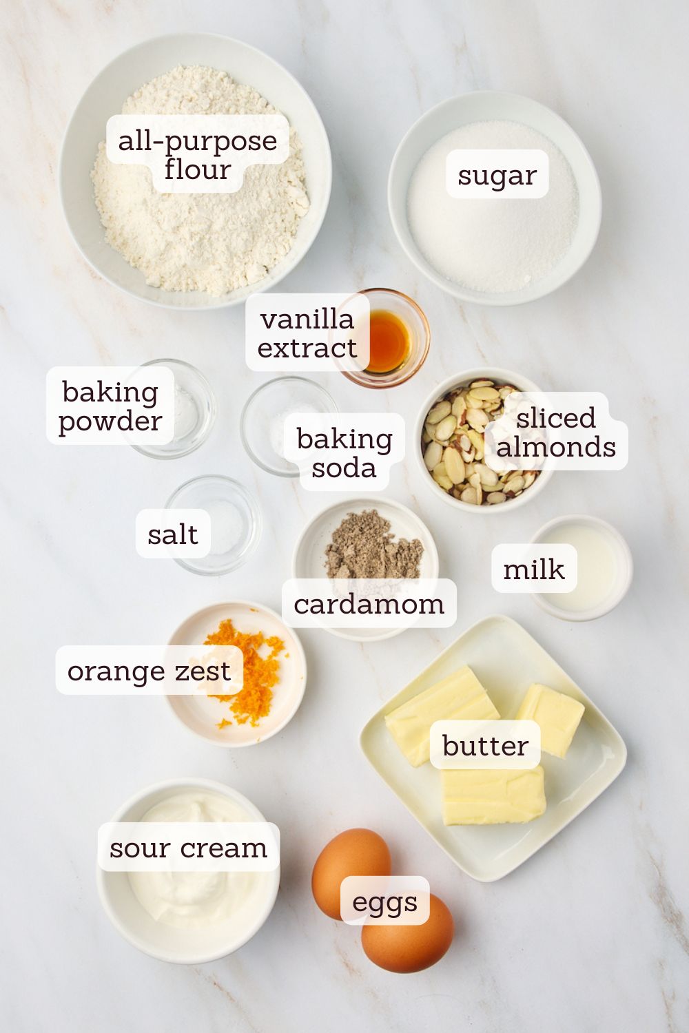 overhead view of ingredients for cardamom cake