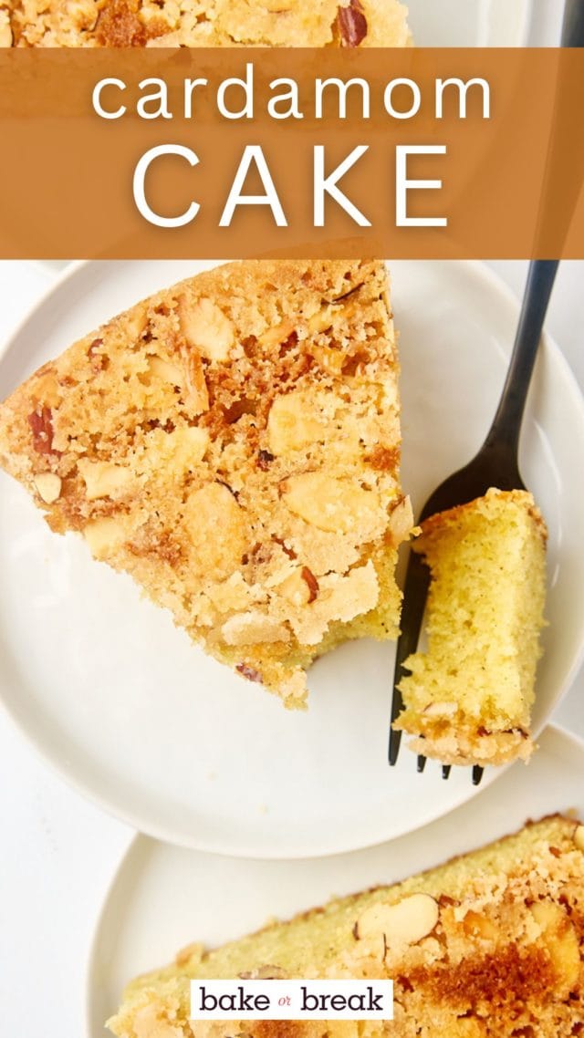 overhead view of a slice of cardamom cake on a white plate with a bite on a fork; text overlay "cardamom cake"