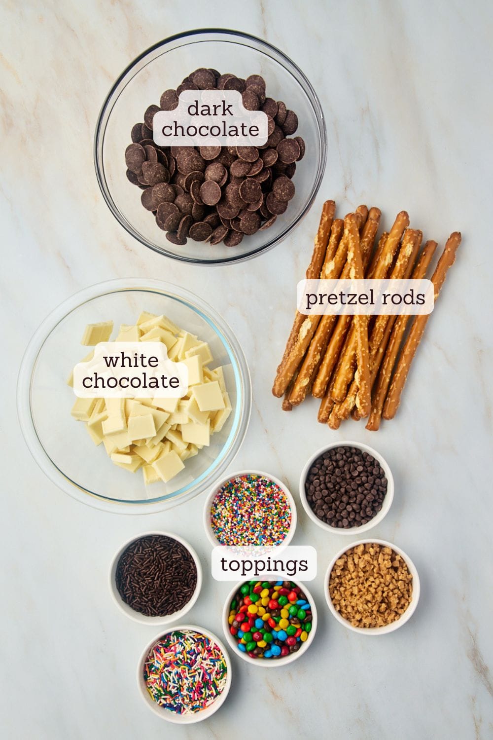 overhead view of ingredients for chocolate covered pretzel rods