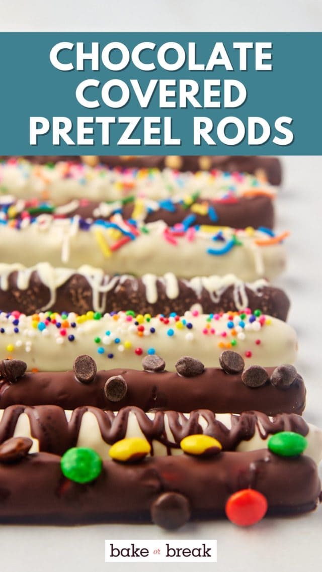 several chocolate covered pretzel rods lined up on a white surface; text overlay "chocolate covered pretzel rods"