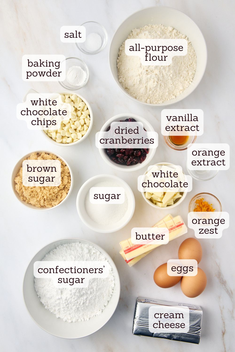 overhead view of ingredients for cranberry bliss bars