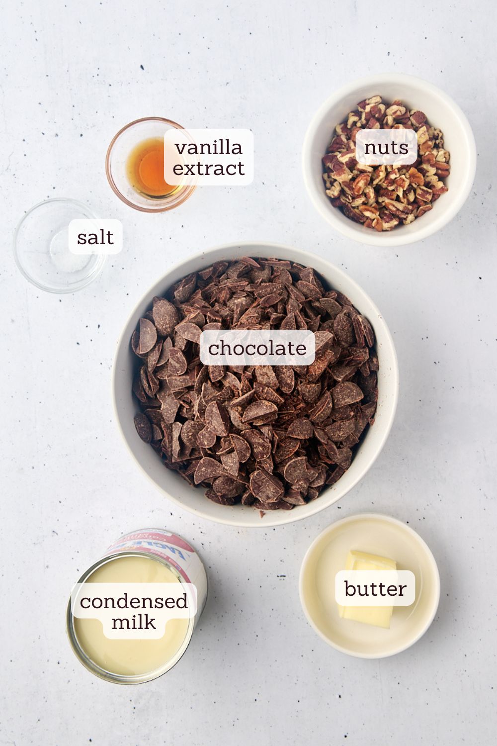 overhead view of ingredients for easy fudge