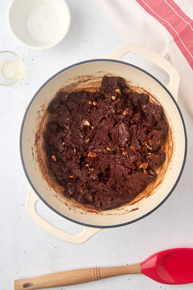 overhead view of fudge mixture in a saucepan