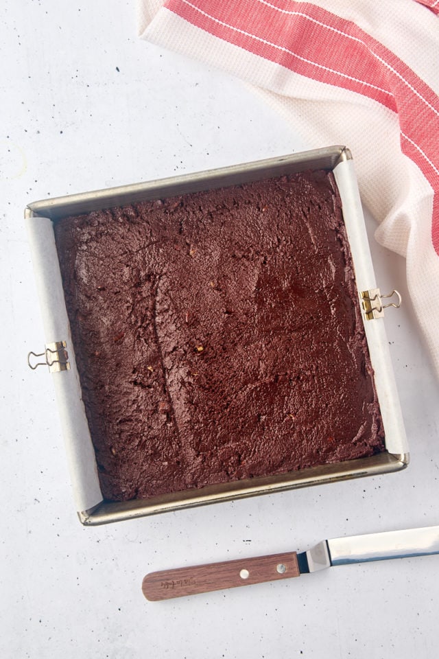 overhead view of fudge spread in a square baking pan