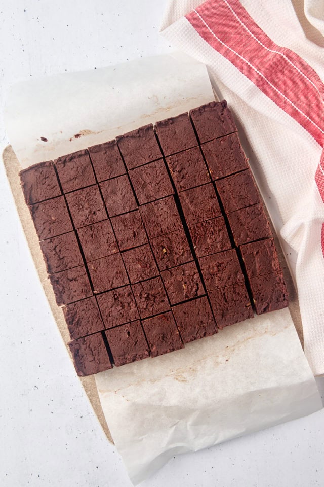 overhead view of fudge cut into small pieces