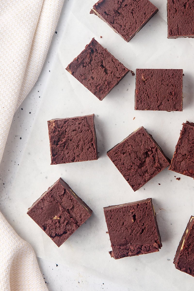 overhead view of several pieces of fudge on parchment paper