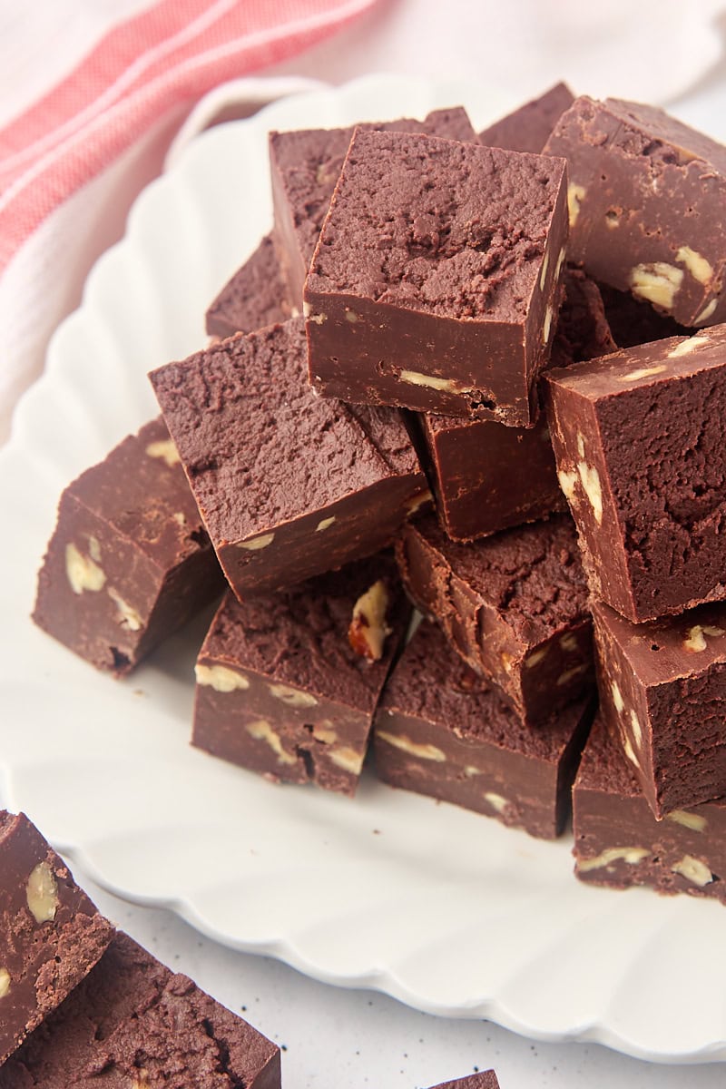 several pieces of fudge on a white plate