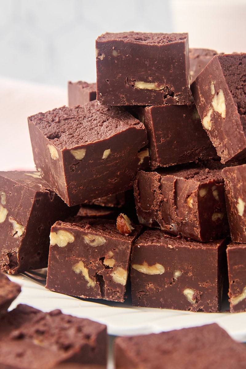 fudge arranged on a white plate for serving