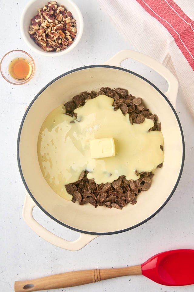 overhead view of chocolate, butter, condensed milk, and salt in a saucepan