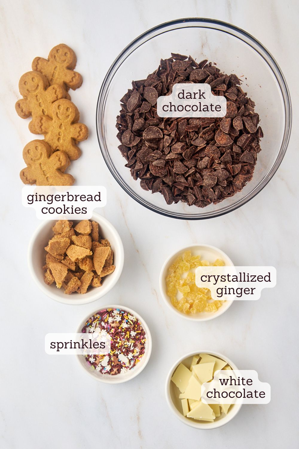 overhead view of ingredients for gingerbread bark