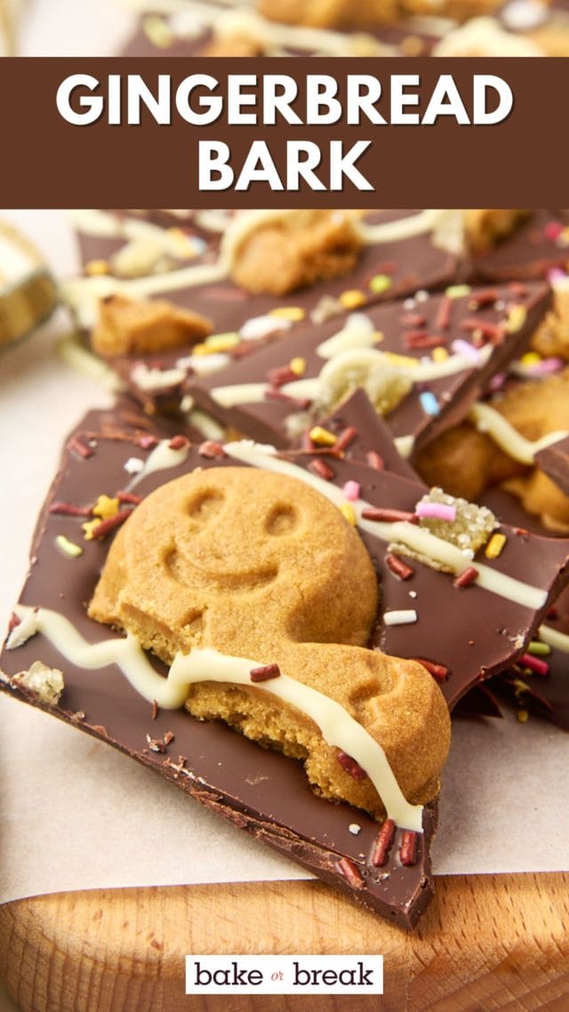 gingerbread bark on a wooden cutting board; text overlay "gingerbread bark"