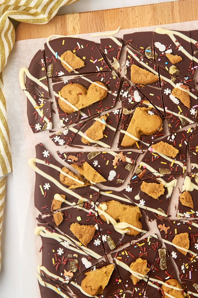 overhead view of gingerbread bark broken into individual pieces