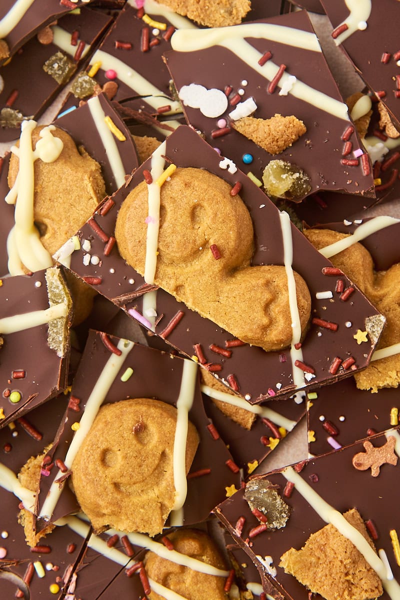 overhead view of several pieces of gingerbread bark