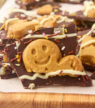 close-up view of a piece of gingerbread bark with more bark behind