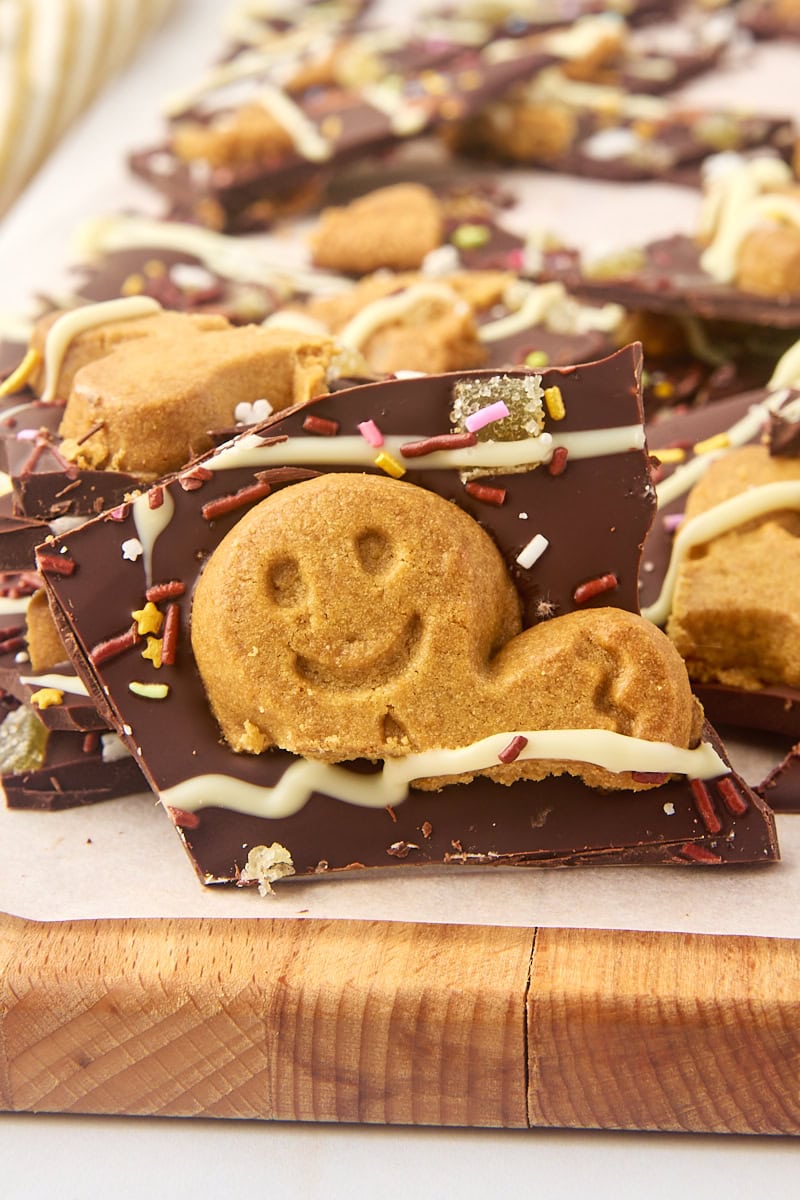 close-up view of a piece of gingerbread bark with more bark behind