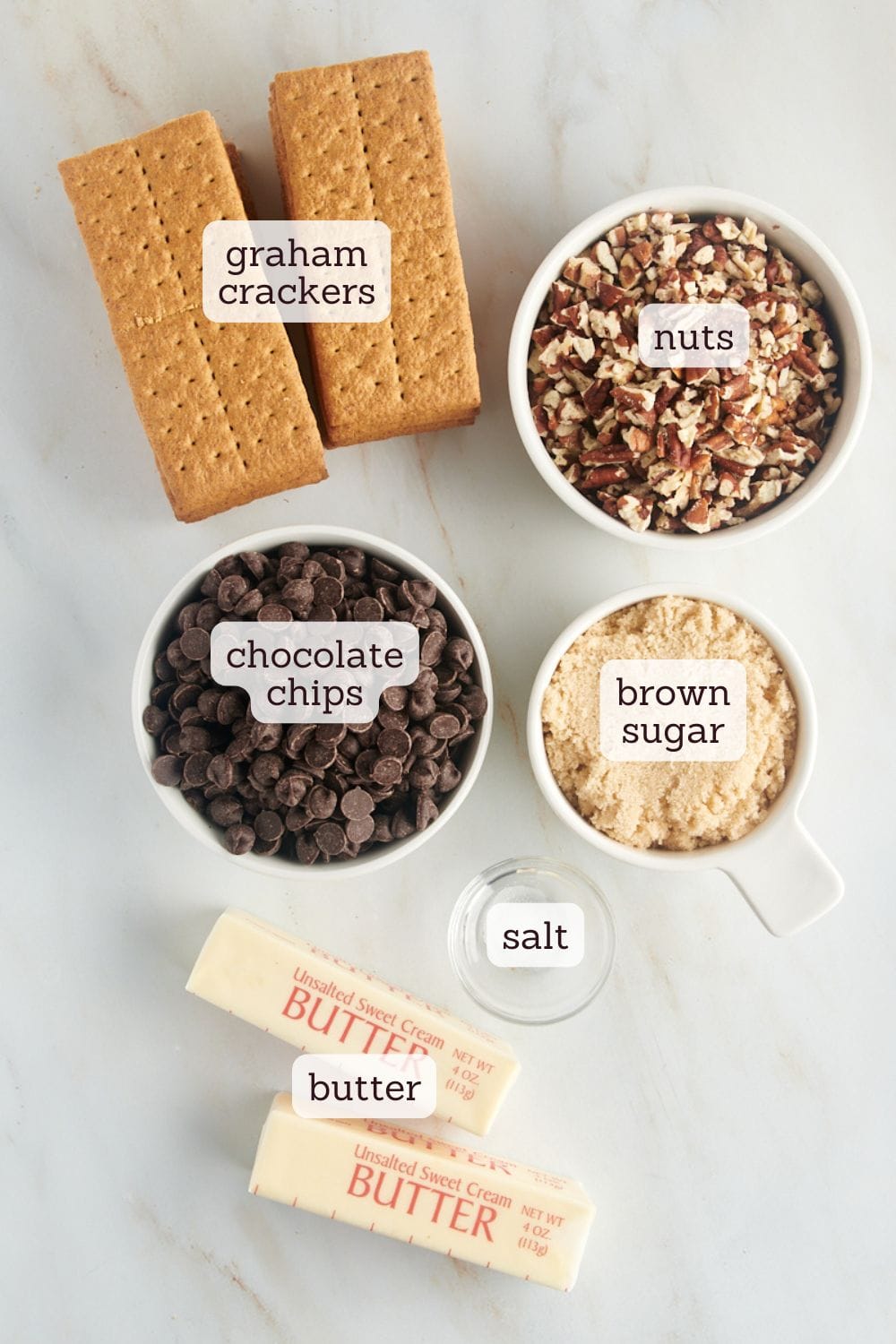 overhead view of ingredients for graham cracker toffee