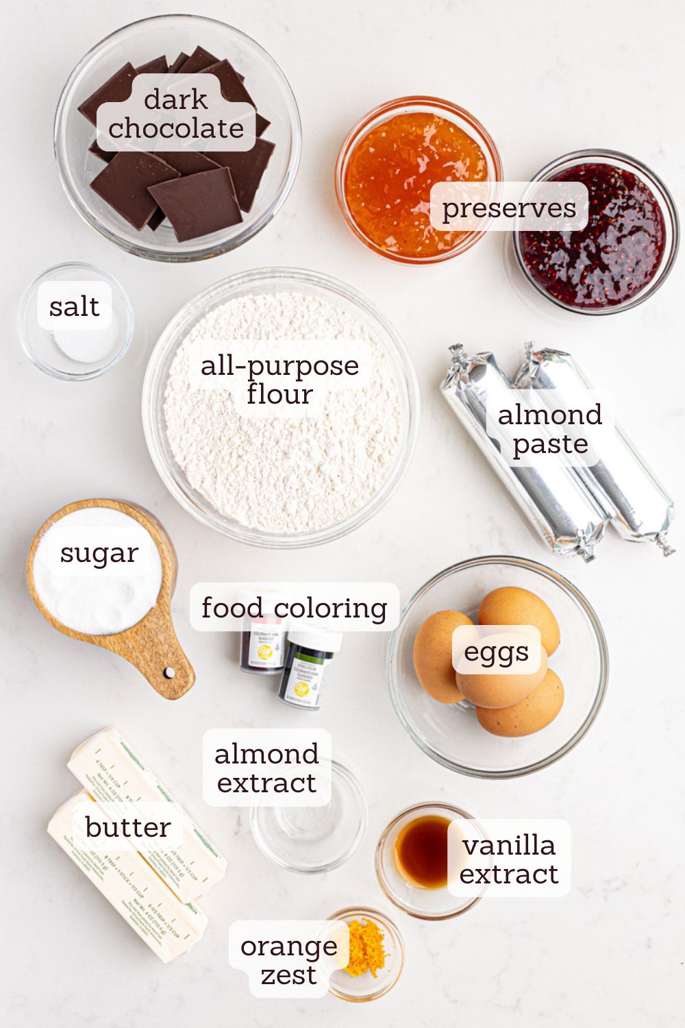 overhead view of ingredients for Italian rainbow cookies