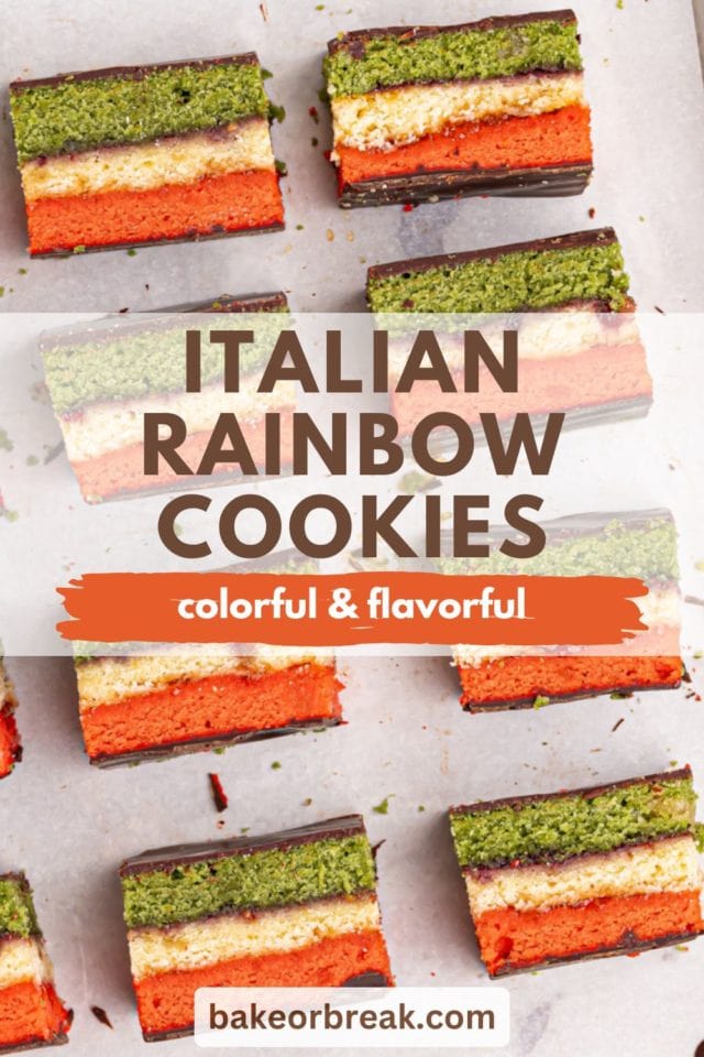 overhead view of Italian rainbow cookies on a baking sheet; text overlay "Italian rainbow cookies colorful & flavorful"