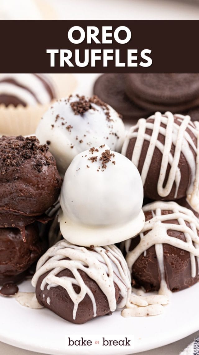 several Oreo truffles on a white plate; text overlay "Oreo truffles"