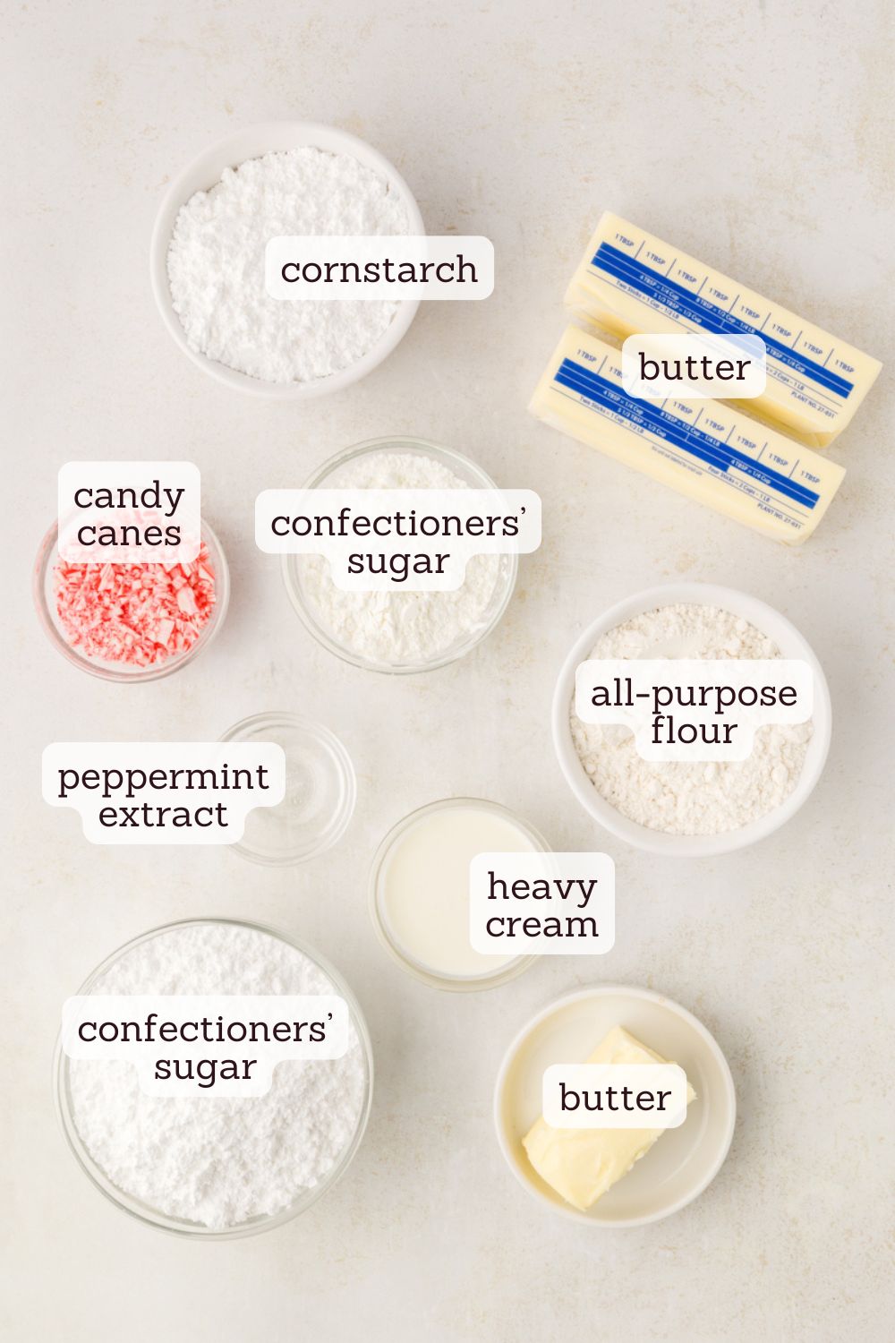 overhead view of ingredients for peppermint meltaways