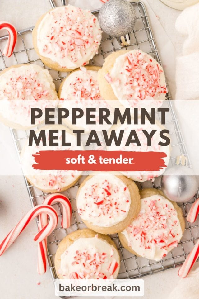 overhead view of peppermint meltaways on a wire rack; text overlay "peppermint meltaways soft & tender"