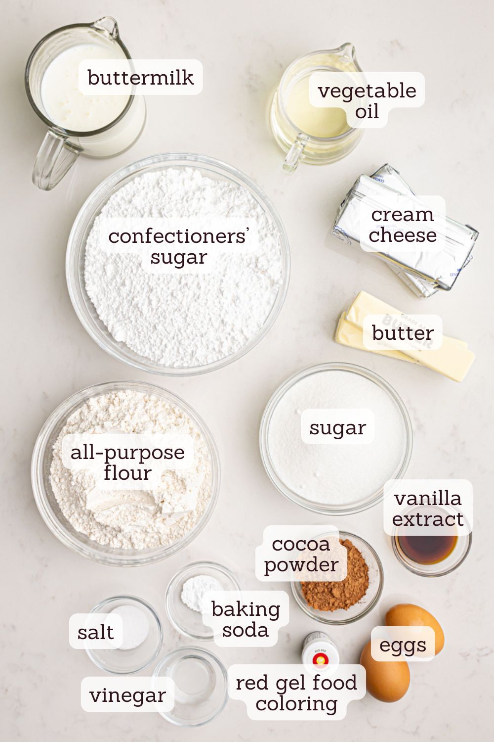 overhead view of ingredients for red velvet cake