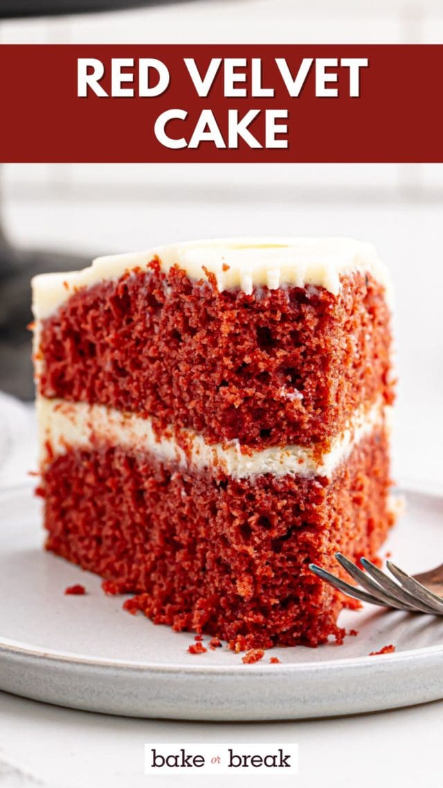 a slice of red velvet cake on a plate with a bite missing; text overlay "red velvet cake"