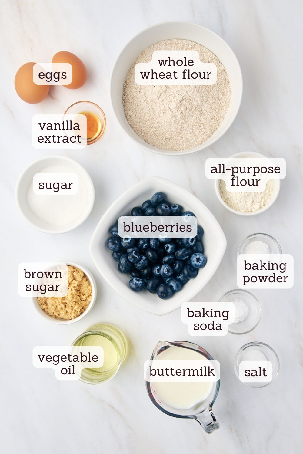 overhead view of ingredients for whole wheat blueberry muffins