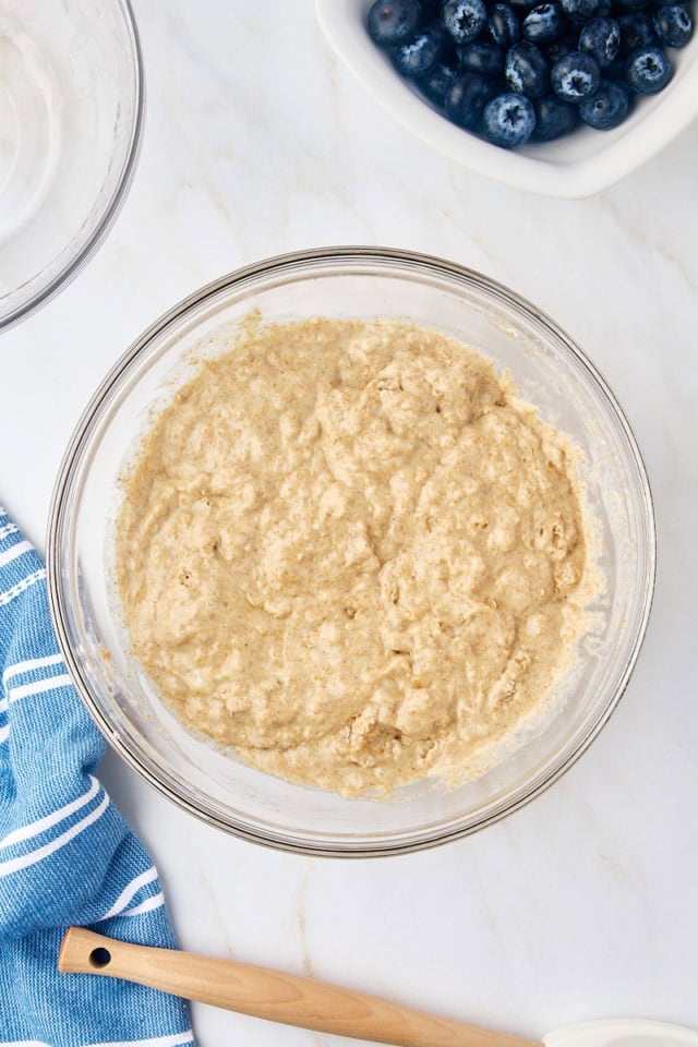 overhead view of muffin batter in a mixing bowl