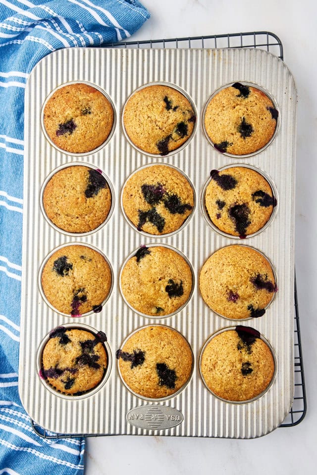 overhead view of freshly baked whole wheat blueberry muffins in a muffin pan on a wire rack